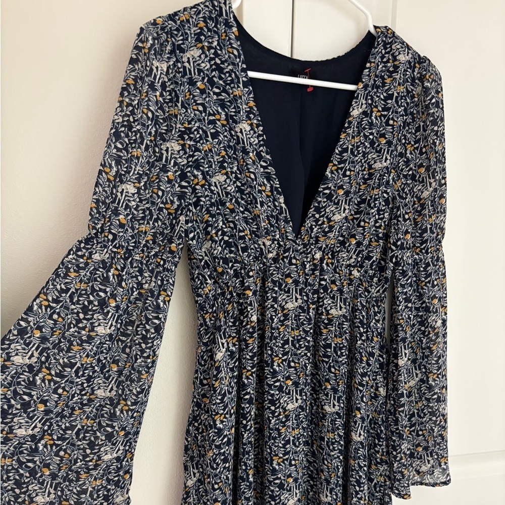 Urban Outfitters Lucca Low V-Neck Elastic Waist Mini Dress with Bell Sleeves XS - Picture 3 of 9